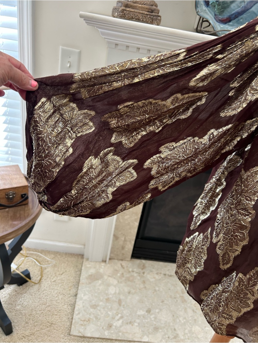 Zara Chocolate Brown Blouse with Gold Metallic Leaf Motif - Picture 3 of 9